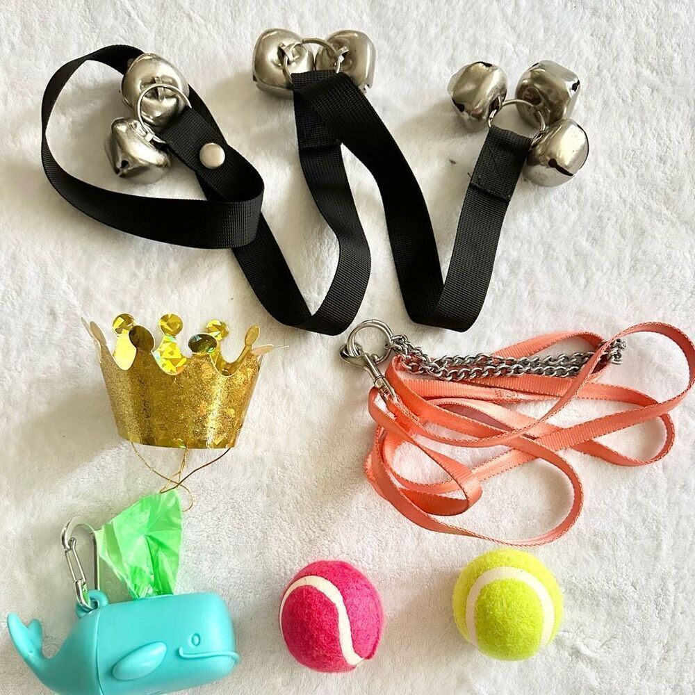 Doggy supplies - dog bells for potty training, peach, color leash, tennis balls,